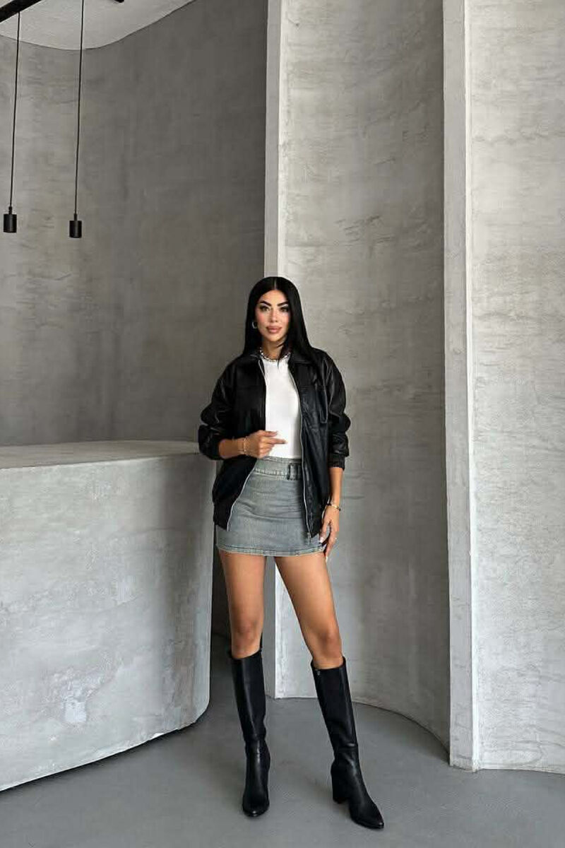 ONE COLOR ZIPPER LEATHER WOMEN JACKET BLACK/ E ZEZE - 11