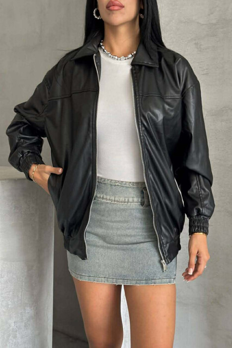 ONE COLOR ZIPPER LEATHER WOMEN JACKET BLACK/ E ZEZE - 12