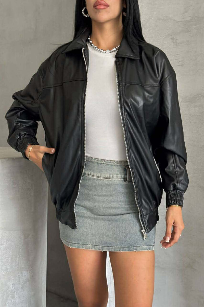 ONE COLOR ZIPPER LEATHER WOMEN JACKET BLACK/ E ZEZE - 12