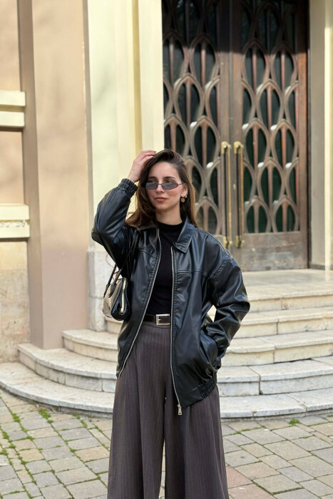 ONE COLOR ZIPPER LEATHER WOMEN JACKET BLACK/ E ZEZE - 1