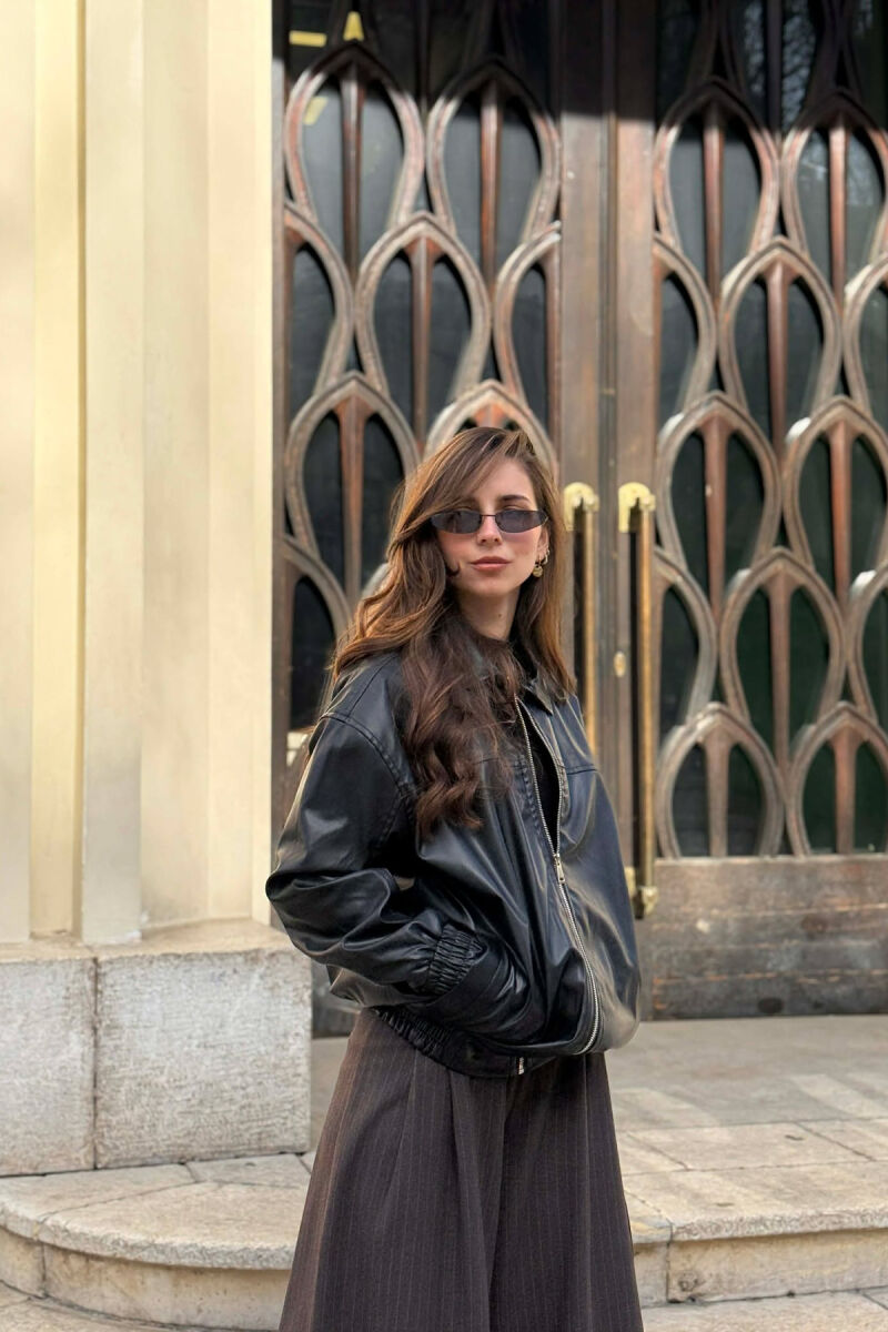 ONE COLOR ZIPPER LEATHER WOMEN JACKET BLACK/ E ZEZE - 3