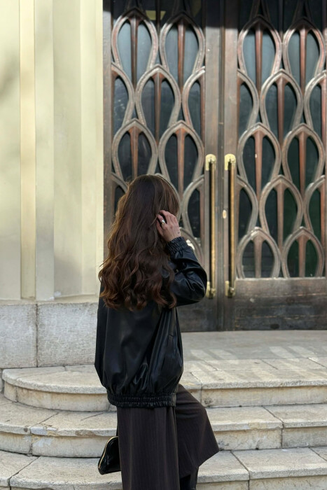 ONE COLOR ZIPPER LEATHER WOMEN JACKET BLACK/ E ZEZE - 6