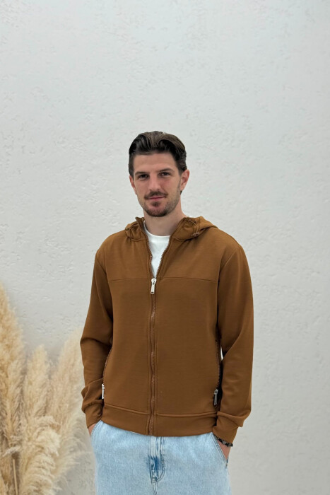 ONE COLOR ZIPPER MEN JACKET BROWN/KAFE - KLAUDIO FASHION