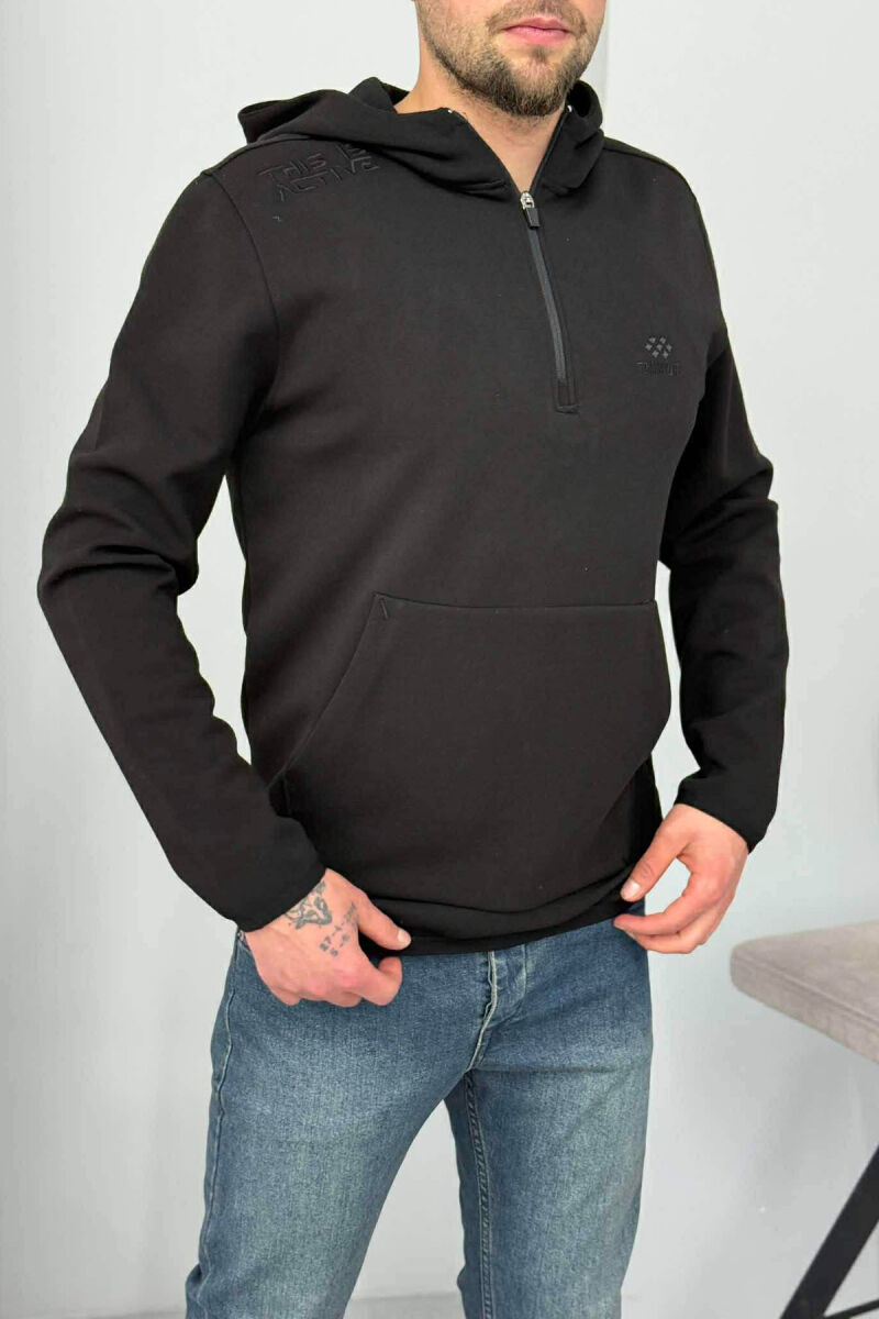 ONE COLOR ZIPPER NECK MEN HOODIE BLACK/ E ZEZE - 4