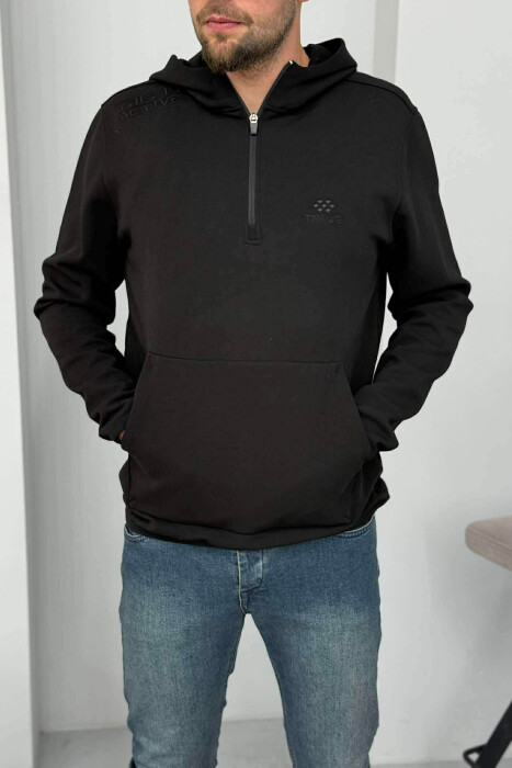 ONE COLOR ZIPPER NECK MEN HOODIE BLACK/ E ZEZE - 1