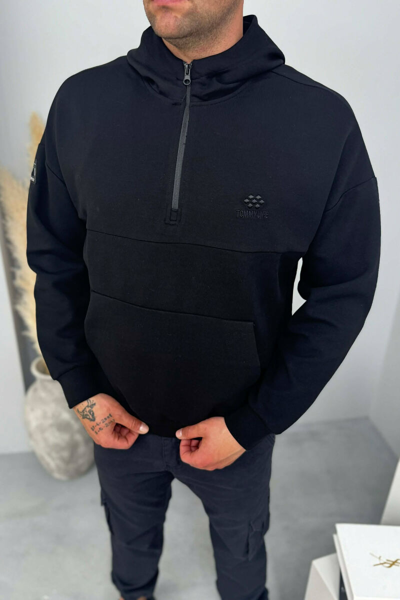 ONE COLOR ZIPPER NECK MEN HOODIE BLACK/ E ZEZE - 2