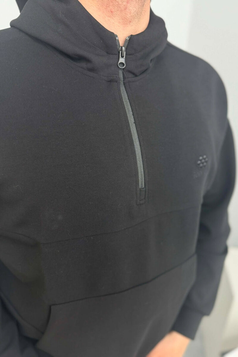 ONE COLOR ZIPPER NECK MEN HOODIE BLACK/ E ZEZE - 5