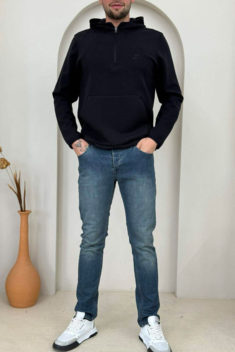 ONE COLOR ZIPPER NECK MEN HOODIE MIDNIGHT BLACK/ E ZEZE MESNATE - 2