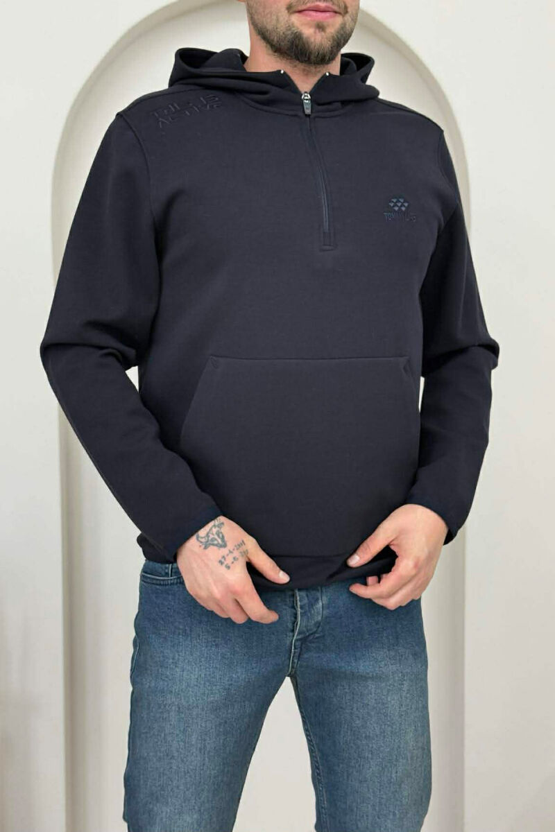 ONE COLOR ZIPPER NECK MEN HOODIE MIDNIGHT BLACK/ E ZEZE MESNATE - 1