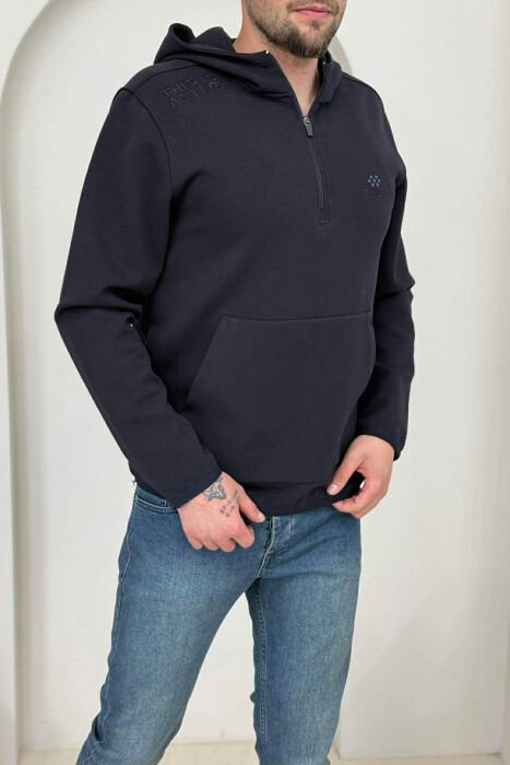 ONE COLOR ZIPPER NECK MEN HOODIE MIDNIGHT BLACK/ E ZEZE MESNATE - 3