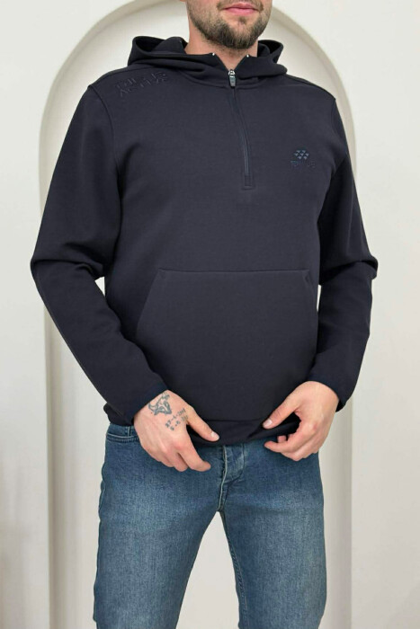 ONE COLOR ZIPPER NECK MEN HOODIE MIDNIGHT BLACK/ E ZEZE MESNATE - KLAUDIO FASHION