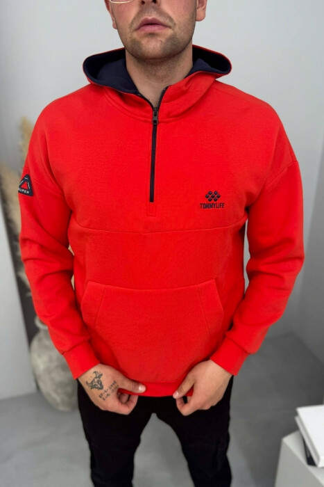 ONE COLOR ZIPPER NECK MEN HOODIE RED/E KUQE 