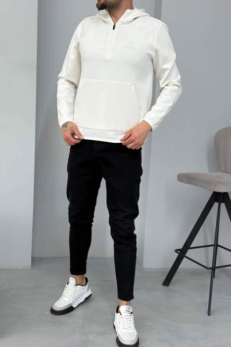 ONE COLOR ZIPPER NECK MEN HOODIE WHITE-E BARDHE - 2