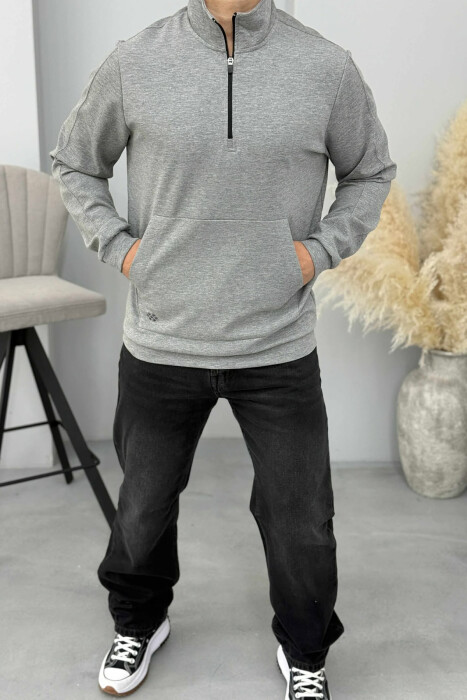 ONE COLOR ZIPPER NECK MEN SWEATSHIRT GREY/GRI - 2