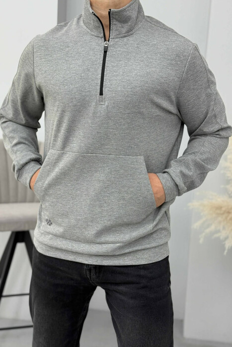 ONE COLOR ZIPPER NECK MEN SWEATSHIRT GREY/GRI - KLAUDIO FASHION