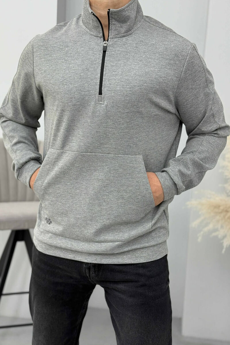 ONE COLOR ZIPPER NECK MEN SWEATSHIRT GREY/GRI - 1