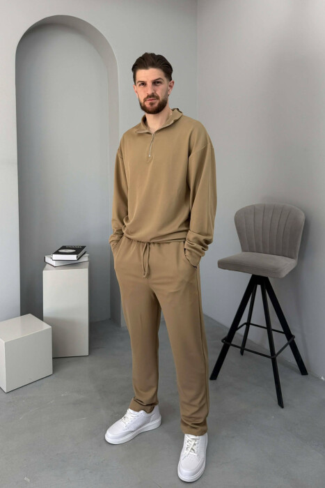 ONE COLOR ZIPPER NECK SWEATSHIRT + SWEATPANTS MEN SET BEIGE/BEZHE - KLAUDIO FASHION