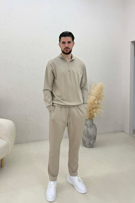 ONE COLOR ZIPPER NECK SWEATSHIRT+ SWEATPANTS MEN SET BEIGE/BEZHE - KLAUDIO FASHION