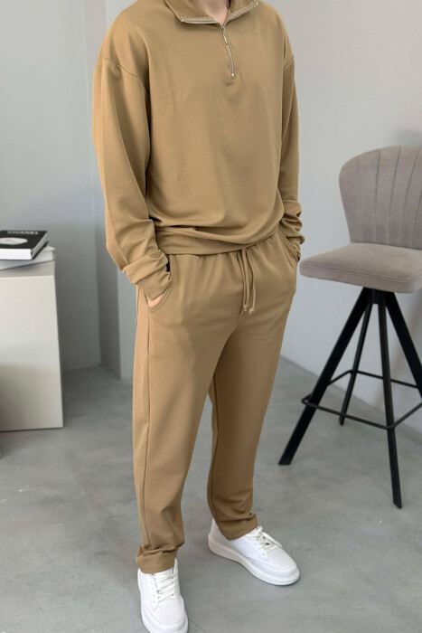 ONE COLOR ZIPPER NECK SWEATSHIRT + SWEATPANTS MEN SET BEIGE/BEZHE - 2