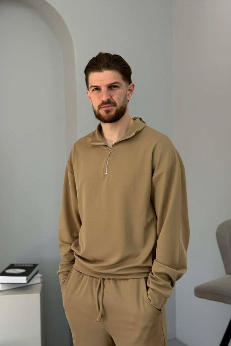 ONE COLOR ZIPPER NECK SWEATSHIRT + SWEATPANTS MEN SET BEIGE/BEZHE - 3