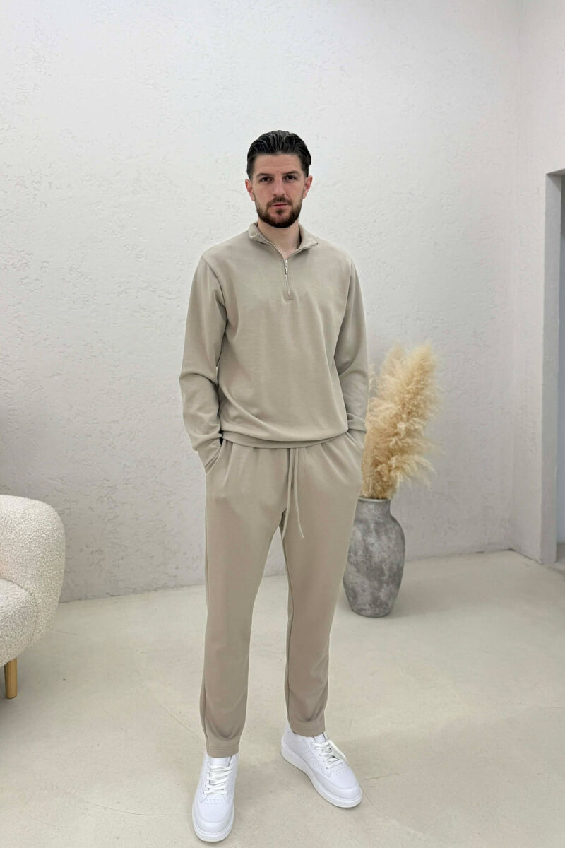 ONE COLOR ZIPPER NECK SWEATSHIRT+ SWEATPANTS MEN SET BEIGE/BEZHE - 1