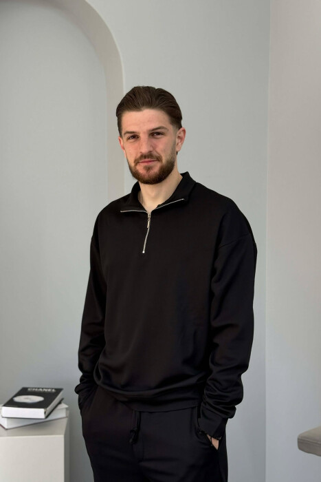 ONE COLOR ZIPPER NECK SWEATSHIRT + SWEATPANTS MEN SET BLACK/ E ZEZE - 2