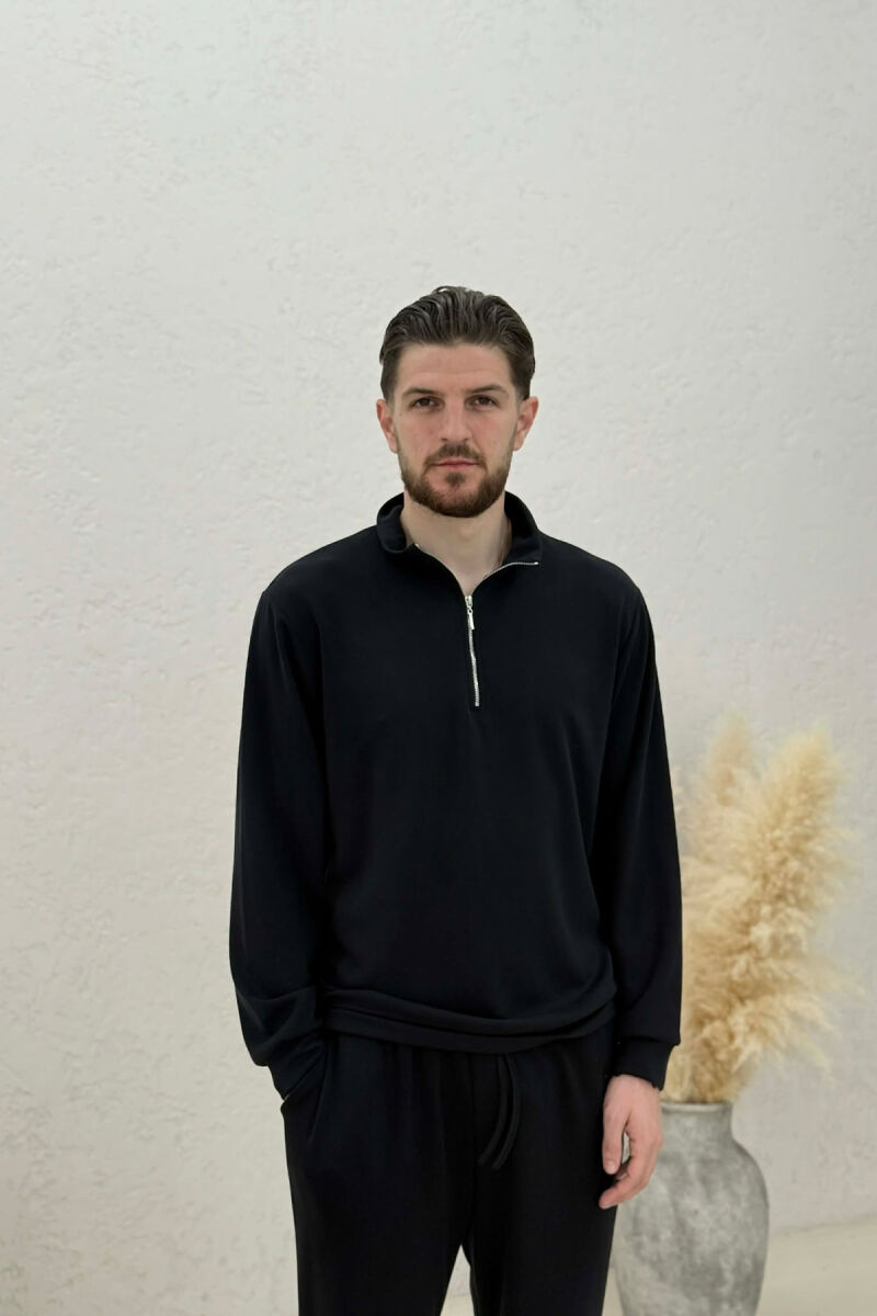 ONE COLOR ZIPPER NECK SWEATSHIRT+ SWEATPANTS MEN SET BLACK/ E ZEZE - 2