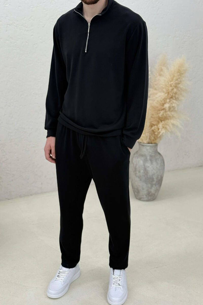 ONE COLOR ZIPPER NECK SWEATSHIRT+ SWEATPANTS MEN SET BLACK/ E ZEZE - 3
