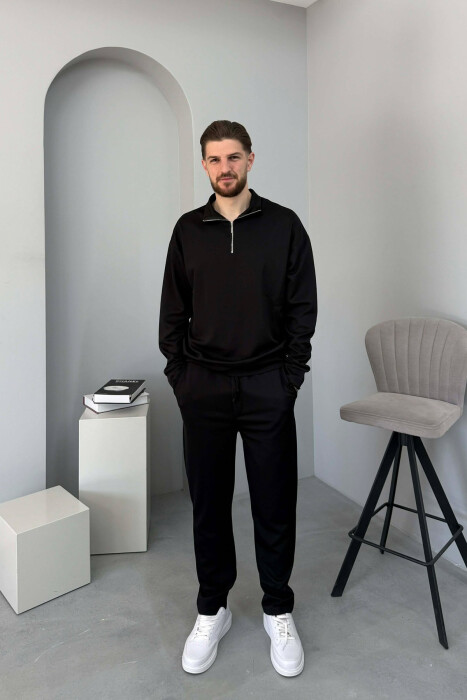 ONE COLOR ZIPPER NECK SWEATSHIRT + SWEATPANTS MEN SET BLACK/ E ZEZE - KLAUDIO FASHION