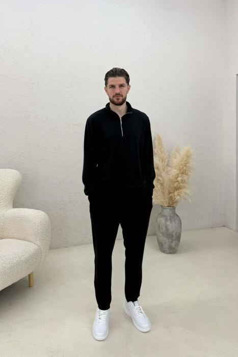 ONE COLOR ZIPPER NECK SWEATSHIRT+ SWEATPANTS MEN SET BLACK/ E ZEZE - KLAUDIO FASHION