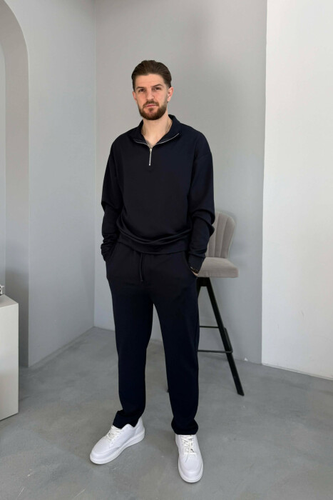 ONE COLOR ZIPPER NECK SWEATSHIRT + SWEATPANTS MEN SET BLUE/BLU - KLAUDIO FASHION