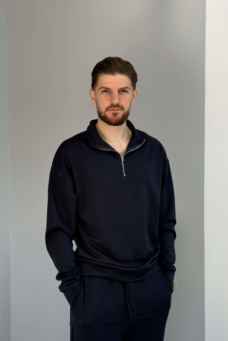 ONE COLOR ZIPPER NECK SWEATSHIRT + SWEATPANTS MEN SET BLUE/BLU - 3