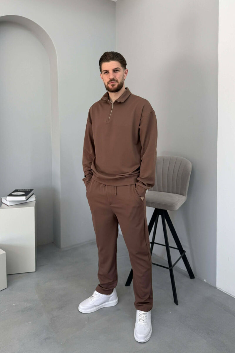 ONE COLOR ZIPPER NECK SWEATSHIRT + SWEATPANTS MEN SET BROWN/KAFE - 1