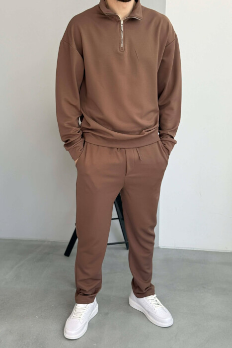 ONE COLOR ZIPPER NECK SWEATSHIRT + SWEATPANTS MEN SET BROWN/KAFE - 2