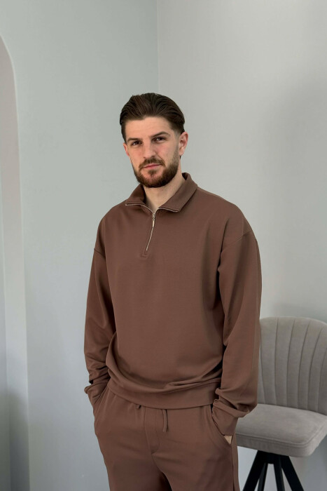 ONE COLOR ZIPPER NECK SWEATSHIRT + SWEATPANTS MEN SET BROWN/KAFE - 3
