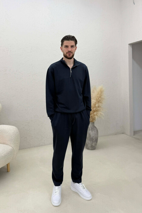 ONE COLOR ZIPPER NECK SWEATSHIRT+ SWEATPANTS MEN SET DARK BLUE/BEE - KLAUDIO FASHION