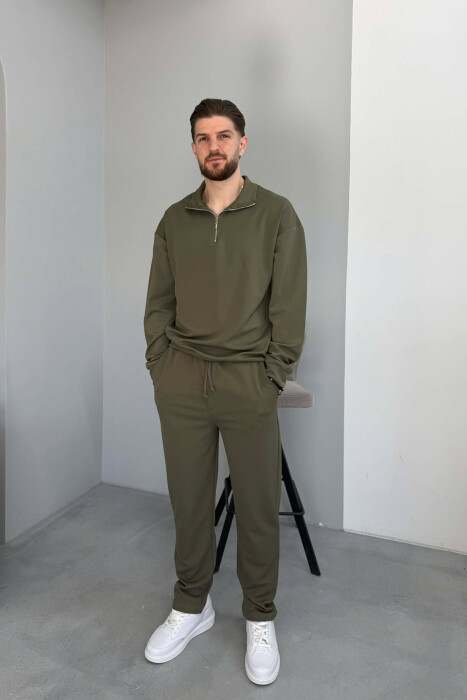 ONE COLOR ZIPPER NECK SWEATSHIRT + SWEATPANTS MEN SET GREEN/JESHILE - 1