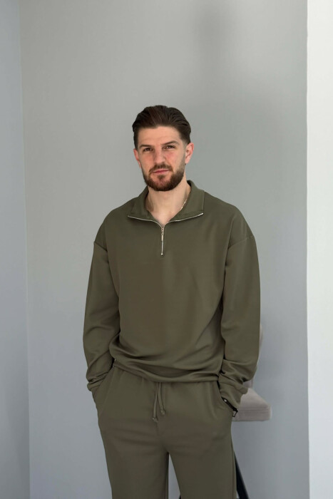 ONE COLOR ZIPPER NECK SWEATSHIRT + SWEATPANTS MEN SET GREEN/JESHILE - 2