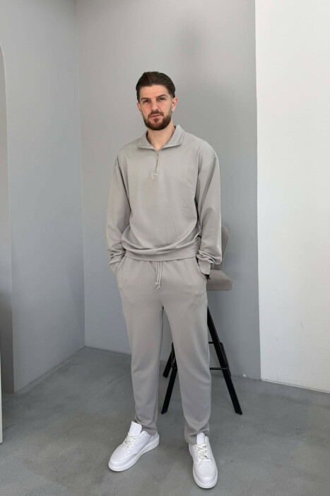 ONE COLOR ZIPPER NECK SWEATSHIRT + SWEATPANTS MEN SET GREY/GRI - KLAUDIO FASHION