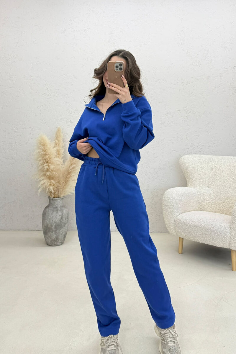 ONE COLOR ZIPPER NECK SWEATSHIRT+ SWEATPANTS WOMEN SET BLUE/BLU - 1