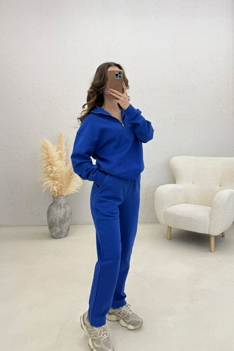 ONE COLOR ZIPPER NECK SWEATSHIRT+ SWEATPANTS WOMEN SET BLUE/BLU - 4