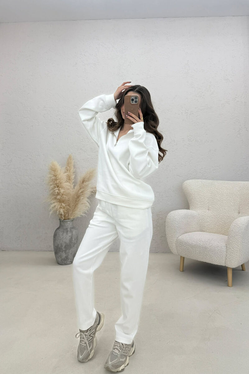 ONE COLOR ZIPPER NECK SWEATSHIRT+ SWEATPANTS WOMEN SET WHITE-E BARDHE - 1