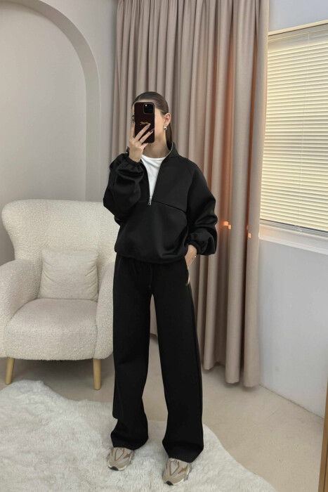 ONE COLOR ZIPPER NECK SWEATSHIRT+SWEATPANTS WOMEN SET BLACK/ E ZEZE - 1