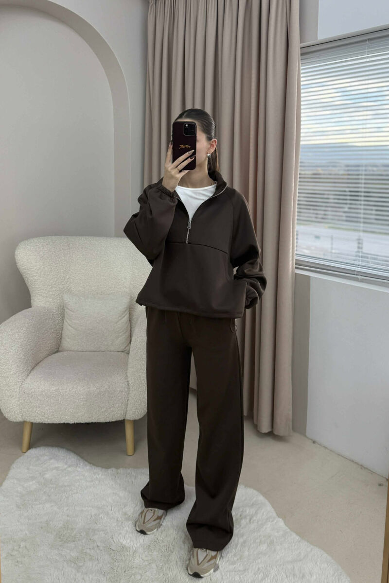 ONE COLOR ZIPPER NECK SWEATSHIRT+SWEATPANTS WOMEN SET BROWN/KAFE - 1