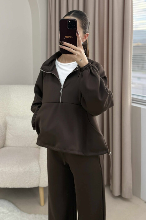 ONE COLOR ZIPPER NECK SWEATSHIRT+SWEATPANTS WOMEN SET BROWN/KAFE - 4