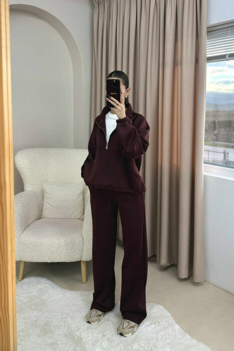 ONE COLOR ZIPPER NECK SWEATSHIRT+SWEATPANTS WOMEN SET BURGUNDY/VISHNJE - 1