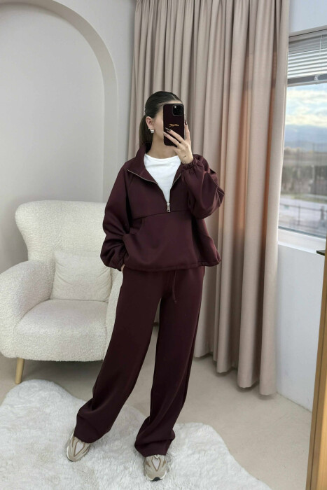 ONE COLOR ZIPPER NECK SWEATSHIRT+SWEATPANTS WOMEN SET BURGUNDY/VISHNJE - 2
