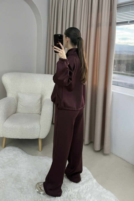 ONE COLOR ZIPPER NECK SWEATSHIRT+SWEATPANTS WOMEN SET BURGUNDY/VISHNJE - 5