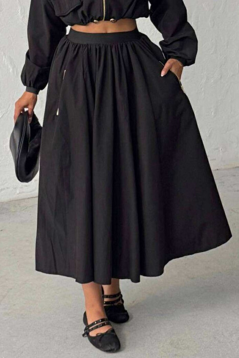 ONE COLOR ZIPPER POCKETS WOMEN SKIRT BLACK/ E ZEZE 