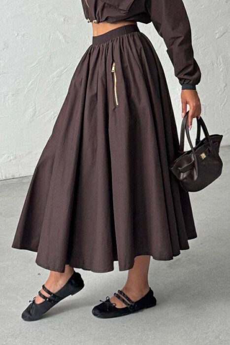 ONE COLOR ZIPPER POCKETS WOMEN SKIRT BROWN/KAFE - 2